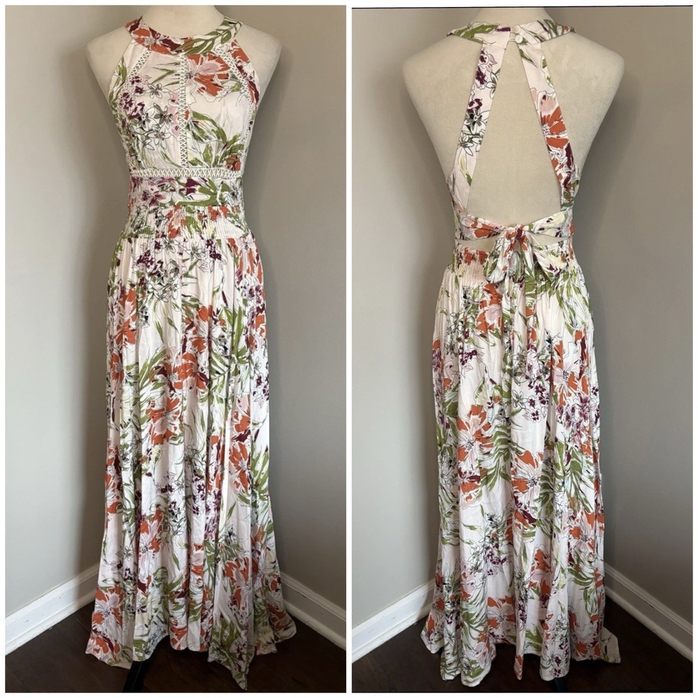 Anthropologie Abel the Label Vienna Floral Halter Maxi Dress Open Back Sz Small